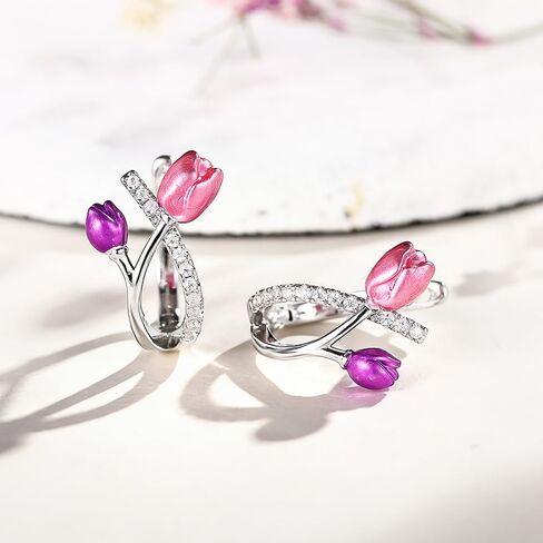 Romantic Pink/Purple Tulip Flower Hoop Earrings Brilliant CZ Female Jewelry in Saudi Arabia