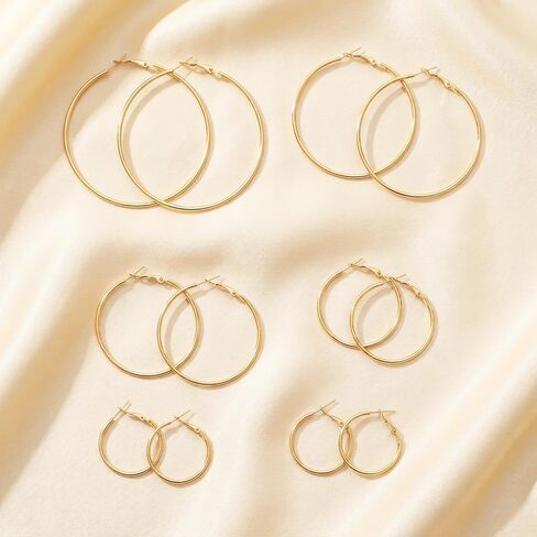 6 Pairs Gold Hoop Earrings for Women 14K Gold Plated Hoop Earrings Set Hypoallergenic Stainless Steel Earring Lightweight Dangle Loop Earring Set in Kuwait