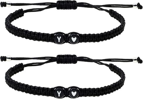 Initial Heart Letter Bracelets 2Pcs Adjustable Black Handmade Braided Letters A-Z Friendship String Bracelets for Women Men Adults Graduation Valentine’s Day Christmas Birthday in Saudi Arabia