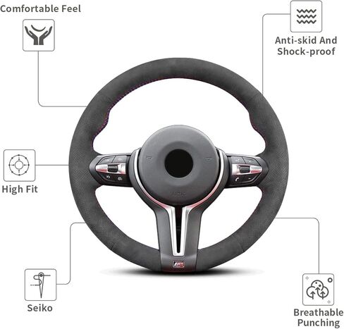 Hand Sewn Steering Wheel Cover,Fit for F87 M2 F80 M3 F82 M4 2 M5 F12 F13 M6 F85 X5 M F86 X6 M F33 F30 M Sport,Non-Slip Breathable Suede Leather Steering Wheel Cover on Wrap in Kuwait