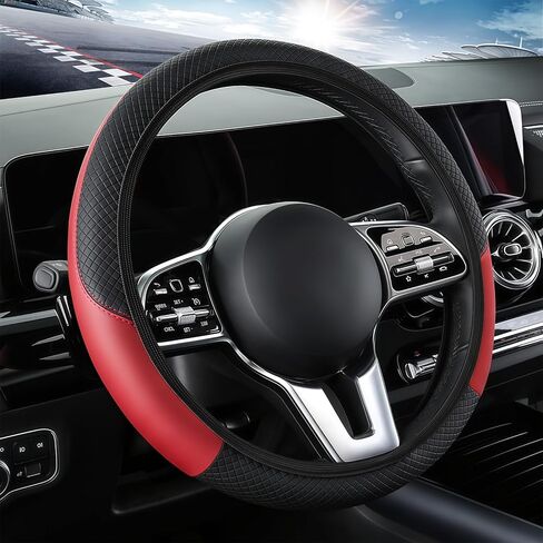 Leather Car Steering Wheel Cover, 15 Inch Anti-Slip Carbon Fiber Black Steering Wheel Cover, Universal Car Interior Accessories for Trucks Sedans SUVs (Black & Pink) in Saudi Arabia