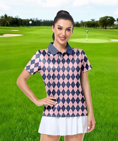 Women’s Golf Polo Shirts Plaid Short Sleeve Athletic Sports Top Moisture Wicking Collared Neck Lightweight Tee in Saudi Arabia