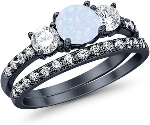 Blue Apple Co. 3-Stone Wedding Bridal Set Ring Band Round Created Opal CZ 925 Sterling Silver Choose Color in Saudi Arabia