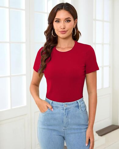 Abardsion Cotton Basic Tees for Women Spring Outfits Tops 2026 Short Sleeve Crewneck Slim Fit T Shirts in Saudi Arabia