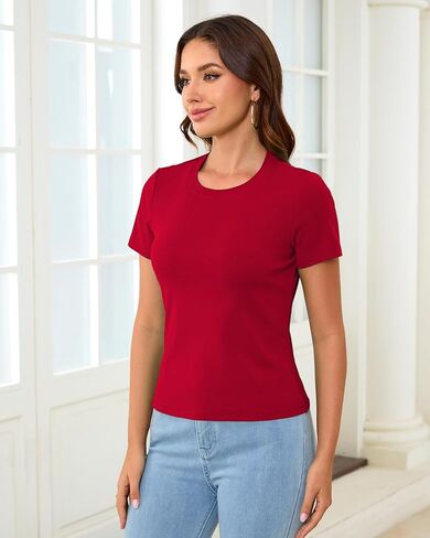 Abardsion Cotton Basic Tees for Women Spring Outfits Tops 2026 Short Sleeve Crewneck Slim Fit T Shirts in Saudi Arabia