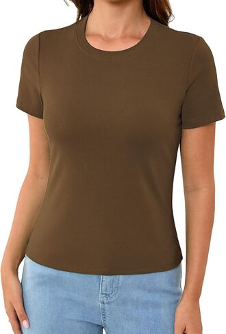 Abardsion Cotton Basic Tees for Women Spring Outfits Tops 2026 Short Sleeve Crewneck Slim Fit T Shirts in Saudi Arabia