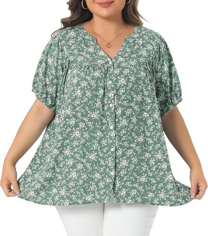 Agnes Orinda Plus Size Women's Button Down Shirts Short Sleeve Casual V Neck Summer Tops Pleated Floral Blouses in Saudi Arabia