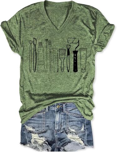 Art Teacher Shirt Women Artist Lover Teacher Tshirt Painters Graphic Tees V Neck Short Sleeve T-Shirts Tops in Kuwait