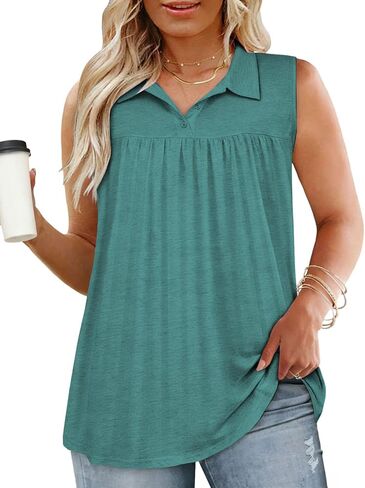ROSRISS Plus-Size-Tank-Tops for Women Summer Collared V Neck Tunics Trendy Sleeveless Polo Shirts Dressy Casual Work Blouses in Saudi Arabia
