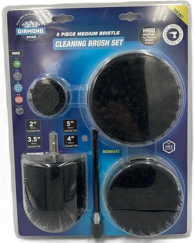 Diamond Shine 5-Piece Firm Bristle Drill Brush Set, Black Nylon Brushes with Hex Shank, 2-5 Inch Diameter Heads, Power Scrubber for Tile, Grout, Tubs with Extension Rod in Kuwait