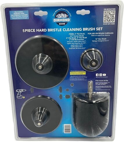 Diamond Shine 5-Piece Firm Bristle Drill Brush Set, Black Nylon Brushes with Hex Shank, 2-5 Inch Diameter Heads, Power Scrubber for Tile, Grout, Tubs with Extension Rod in Kuwait