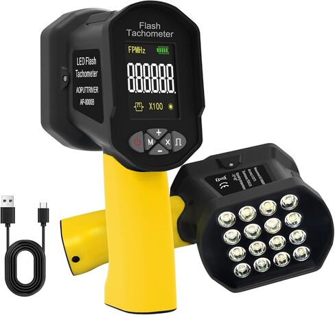 LED Stroboscope, RPM Meter 60-100000RPM, Rechargeable Handheld Tachometer, Non Contact Strobe Tachometer with 16 LED Adjustable Lamp Beads for Fan, HVAC Motor Engine, Tire-Yellow in Kuwait