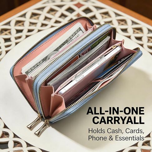 Wallet for Women, Stylish Long Double Zipper Leather Clutch, Sleek Large Capacity Minimalist Billfold with RFID Blocking and Secure Closure (Blue) in Saudi Arabia