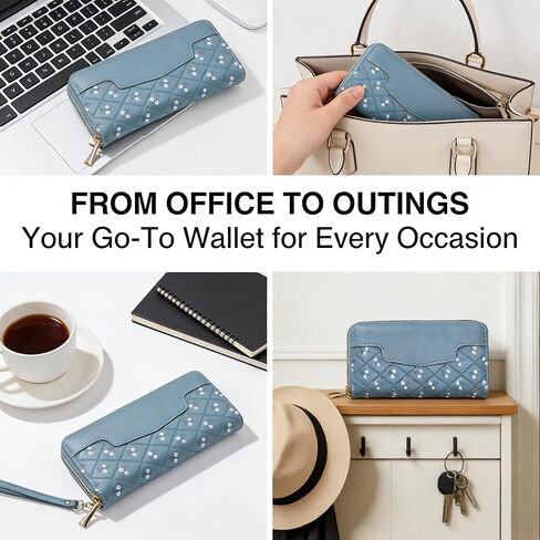 Wallet for Women, Stylish Long Double Zipper Leather Clutch, Sleek Large Capacity Minimalist Billfold with RFID Blocking and Secure Closure (Blue) in Saudi Arabia