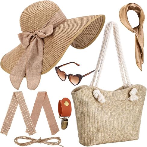 5 Pcs Women Straw Beach Hat Set with Straw Beach Tote Bag Summer Sunglasses Women Head Scarf Hat Clip for Travel in Saudi Arabia
