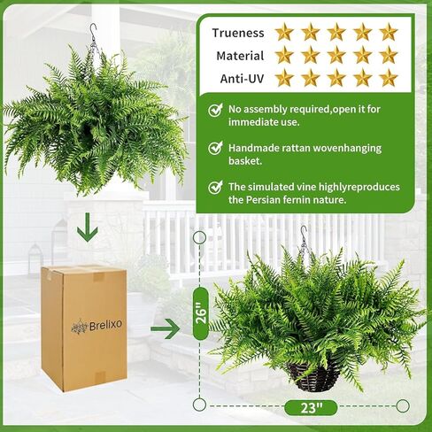 2PCS Fake Hanging Plant- Boston Ferns UV Resistant Plastic Plants - Perfect for Outdoor Décor with Lifelike Beauty (Persian-Green) in Saudi Arabia