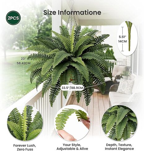 Fake Ferns - Set of 2 Faux Boston Ferns Large Artificial Plants, 40 Leaves per Bouquet, 35 Inches Large Artificial Ferns for Outdoors/Indoor Home, Office, Garden Decoration in Saudi Arabia