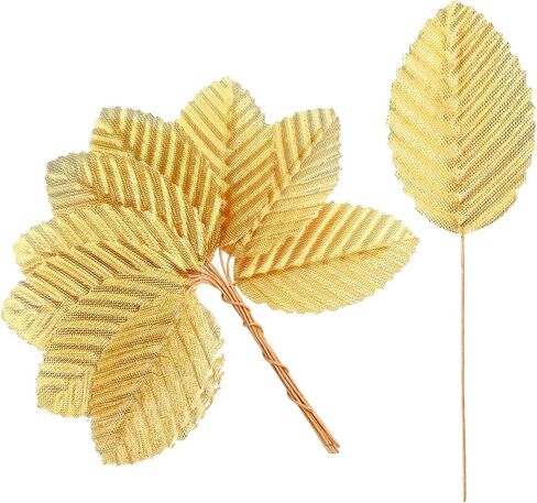 300 Pcs Artificial Silk Leaves Golden, Fake Flower Leaf with Stem Faux Wire Single Leaves Gold Floral Accents Silk Leaf Artificial Leafs for DIY Crafts Wedding Garland Floral Arrangements in Kuwait