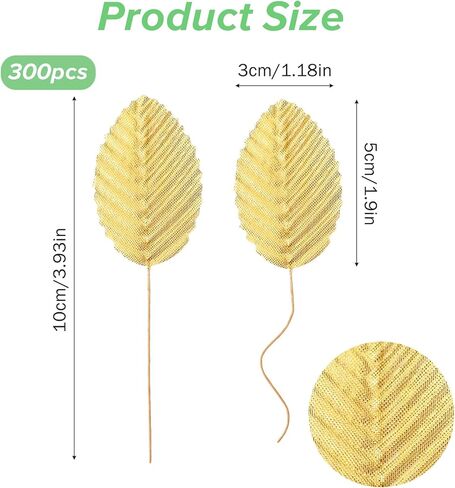 300 Pcs Artificial Silk Leaves Golden, Fake Flower Leaf with Stem Faux Wire Single Leaves Gold Floral Accents Silk Leaf Artificial Leafs for DIY Crafts Wedding Garland Floral Arrangements in Kuwait