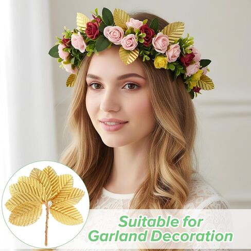 300 Pcs Artificial Silk Leaves Golden, Fake Flower Leaf with Stem Faux Wire Single Leaves Gold Floral Accents Silk Leaf Artificial Leafs for DIY Crafts Wedding Garland Floral Arrangements in Kuwait