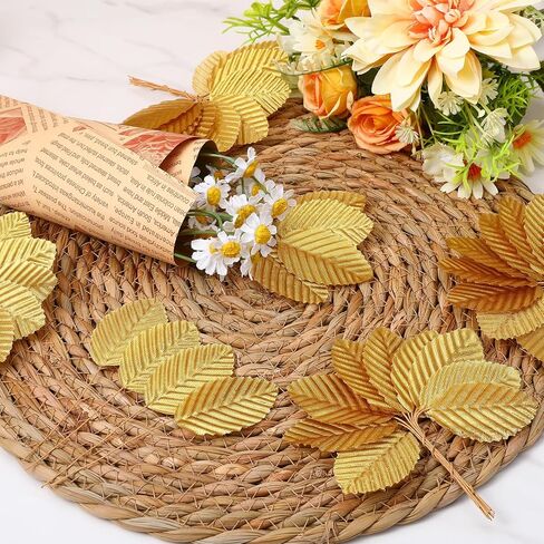 300 Pcs Artificial Silk Leaves Golden, Fake Flower Leaf with Stem Faux Wire Single Leaves Gold Floral Accents Silk Leaf Artificial Leafs for DIY Crafts Wedding Garland Floral Arrangements in Kuwait