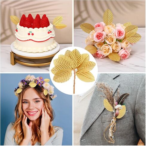 300 Pcs Artificial Silk Leaves Golden, Fake Flower Leaf with Stem Faux Wire Single Leaves Gold Floral Accents Silk Leaf Artificial Leafs for DIY Crafts Wedding Garland Floral Arrangements in Kuwait