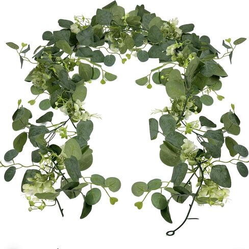 2 Pcs Artificial Eucalyptus Garland 5.9 Ft Faux Hanging Eucalyptus Leaves Vines with Flowers for Home Wedding Party Wall Decoration in Kuwait