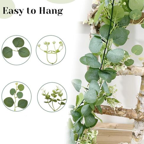 2 Pcs Artificial Eucalyptus Garland 5.9 Ft Faux Hanging Eucalyptus Leaves Vines with Flowers for Home Wedding Party Wall Decoration in Kuwait