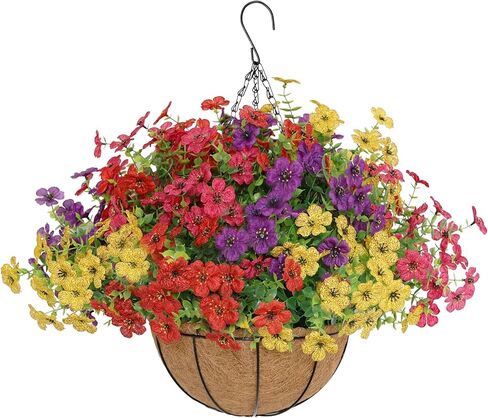 Senjie 2 Set Artificial Hanging Flowers with Basket for Outdoor Decor, UV Resistant 24 Bundles Faux Flowers Fake Hanging Planter for Porch Patio Balcony in Saudi Arabia