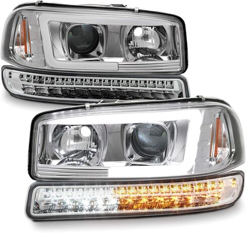 AKKON - For 99-06 GMC Sierra 1500 2500HD 3500 C3 Yukon XL Chrome LED Tube Projector Headlights + LED Bumper Lamp Pair in Saudi Arabia