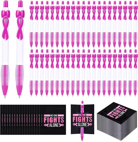 أقلام جل قابلة للسحب بشريط للتوعية بسرطان الثدي، حبر أسود، نقطة دقيقة 0.5 مم، مجموعة 100 عبوة مع 100 بطاقة شريط وردي لمناسبات جمع التبرعات، المستشفى، المدرسة، التثقيف الصحي in Kuwait