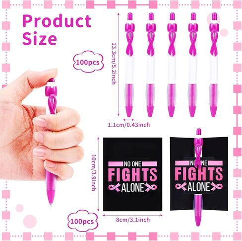 أقلام جل قابلة للسحب بشريط للتوعية بسرطان الثدي، حبر أسود، نقطة دقيقة 0.5 مم، مجموعة 100 عبوة مع 100 بطاقة شريط وردي لمناسبات جمع التبرعات، المستشفى، المدرسة، التثقيف الصحي in Kuwait