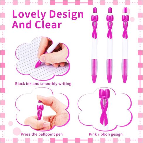 أقلام جل قابلة للسحب بشريط للتوعية بسرطان الثدي، حبر أسود، نقطة دقيقة 0.5 مم، مجموعة 100 عبوة مع 100 بطاقة شريط وردي لمناسبات جمع التبرعات، المستشفى، المدرسة، التثقيف الصحي in Kuwait