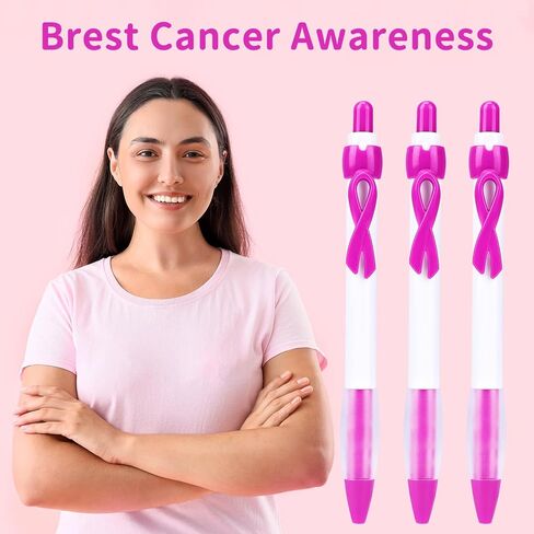 أقلام جل قابلة للسحب بشريط للتوعية بسرطان الثدي، حبر أسود، نقطة دقيقة 0.5 مم، مجموعة 100 عبوة مع 100 بطاقة شريط وردي لمناسبات جمع التبرعات، المستشفى، المدرسة، التثقيف الصحي in Kuwait