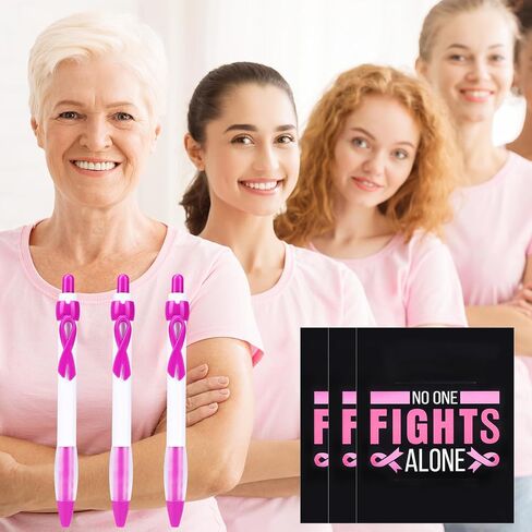 أقلام جل قابلة للسحب بشريط للتوعية بسرطان الثدي، حبر أسود، نقطة دقيقة 0.5 مم، مجموعة 100 عبوة مع 100 بطاقة شريط وردي لمناسبات جمع التبرعات، المستشفى، المدرسة، التثقيف الصحي in Kuwait