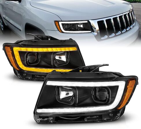 AmeriLite for 2011-2013 Jeep Grand Cherokee WK2 C-Type LED Switchback Tube Black Square Projector Headlight Assembly Pair - Passenger and Driver Side in Saudi Arabia