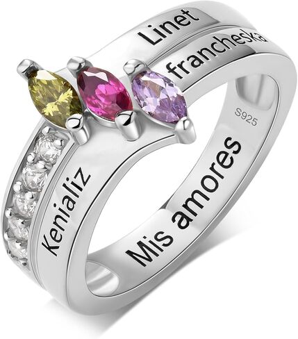 Birthstone Ring Mother Ring 925 Sterling Silver Engraving Name Ring for Women Family Name Ring for Mom Christmas Birthday in Saudi Arabia
