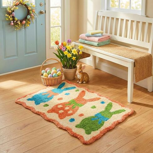 Easter Bunny Rug 18x28 Inch, Non Slip Washable Bathroom Rug, Cute Spring Indoor Floor Mat for Kitchen, Living Room, Home Easter Decor in Saudi Arabia