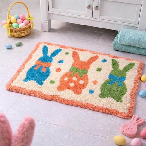 Easter Bunny Rug 18x28 Inch, Non Slip Washable Bathroom Rug, Cute Spring Indoor Floor Mat for Kitchen, Living Room, Home Easter Decor in Saudi Arabia