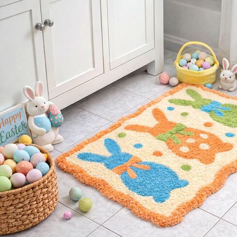 Easter Bunny Rug 18x28 Inch, Non Slip Washable Bathroom Rug, Cute Spring Indoor Floor Mat for Kitchen, Living Room, Home Easter Decor in Saudi Arabia