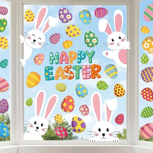 9 Sheets Happy Easter Window Clings, Bunny & Colorful Eggs Static Window Stickers, Double-Sided Removable Easter Window Decorations for Home, Store, Office in Kuwait