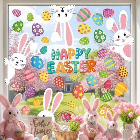 9 Sheets Happy Easter Window Clings, Bunny & Colorful Eggs Static Window Stickers, Double-Sided Removable Easter Window Decorations for Home, Store, Office in Kuwait