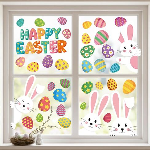 9 Sheets Happy Easter Window Clings, Bunny & Colorful Eggs Static Window Stickers, Double-Sided Removable Easter Window Decorations for Home, Store, Office in Kuwait