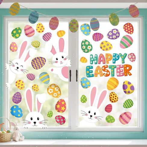 9 Sheets Happy Easter Window Clings, Bunny & Colorful Eggs Static Window Stickers, Double-Sided Removable Easter Window Decorations for Home, Store, Office in Kuwait