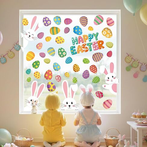 9 Sheets Happy Easter Window Clings, Bunny & Colorful Eggs Static Window Stickers, Double-Sided Removable Easter Window Decorations for Home, Store, Office in Kuwait