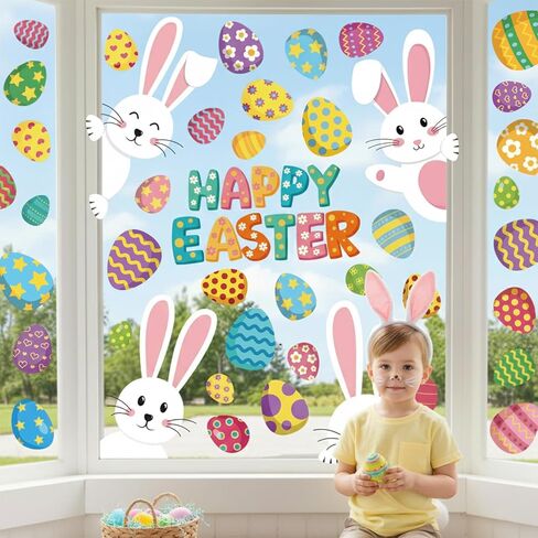 9 Sheets Happy Easter Window Clings, Bunny & Colorful Eggs Static Window Stickers, Double-Sided Removable Easter Window Decorations for Home, Store, Office in Kuwait