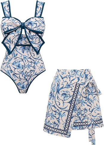 FLAXMAKER Black and White Swimsuit Bow-tie Decor Women's Polka dot Print Skirt One Piece Bathing Suit with Skirt in Saudi Arabia