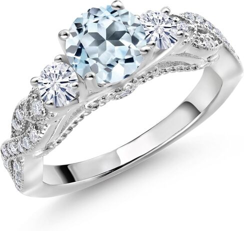 Gem Stone King 925 Sterling Silver Sky Blue Topaz and White Moissanite Engagement Ring For Women | 1.47 Cttw | Gemstone November Birthstone | Round 6MM and 3MM | Size 5, 6, 7, 8, 9 in Saudi Arabia