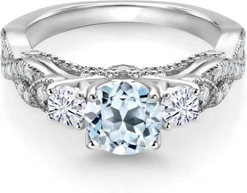 Gem Stone King 925 Sterling Silver Sky Blue Topaz and White Moissanite Engagement Ring For Women | 1.47 Cttw | Gemstone November Birthstone | Round 6MM and 3MM | Size 5, 6, 7, 8, 9 in Saudi Arabia
