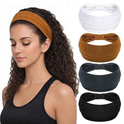 obeoby Wide Non-Slip Headbands for Sports,Yoga, 5.5'' Large Knot Cotton Hairband for Workouts, Spa, Running Keep Dry During Exercise(4Pack) in Saudi Arabia